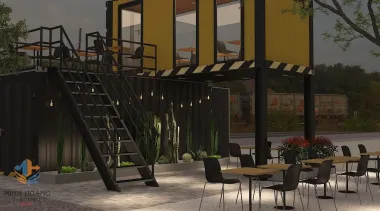 Container Cafe 2 Tầng (Ghép 2 Thùng 20ft) Có Toilet - Vàng Viền Đen Nổi Bật