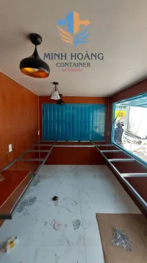 Container cafe 20 feet Xanh dương chia 2 phòng + ốp gỗ hiện đại