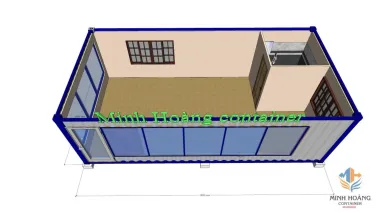 Container nhà ở ghép xám viền xanh dương khung cửa kính có toilet