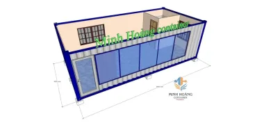 Container nhà ở ghép xám viền xanh dương khung cửa kính có toilet
