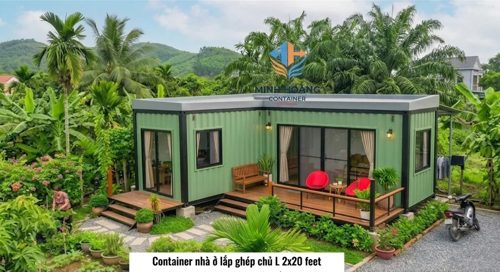 Container Nhà Ở Ghép Chữ L 2x20 Feet Xanh Lá