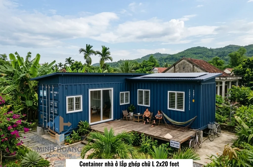 Container Nhà Ở 2x20 Feet Chữ L Xanh Dương