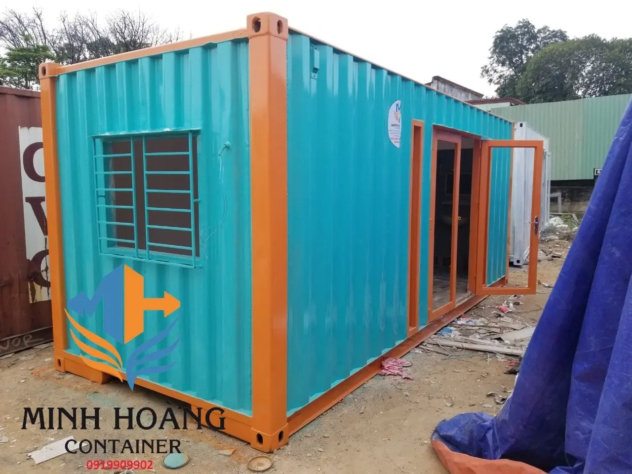 Container Văn Phòng 20 Feet Có Toilet - Xanh Viền Cam Hiện Đại