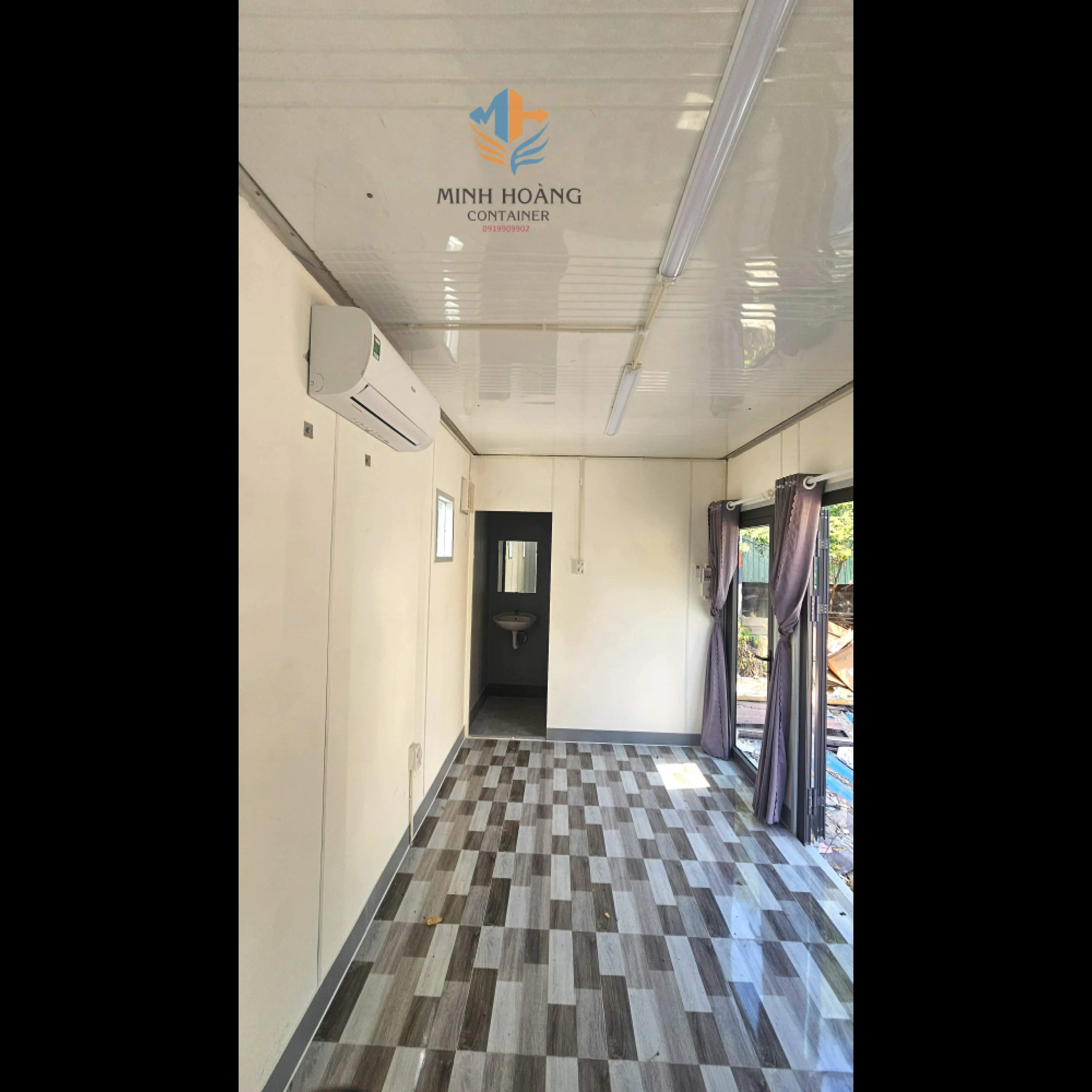 Container văn phòng 20 feet xanh dương đầy đủ điện đèn quạt máy lạnh