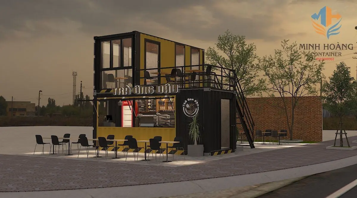 Container Cafe 2 Tầng (Ghép 2 Thùng 20ft) Có Toilet - Vàng Viền Đen Nổi Bật