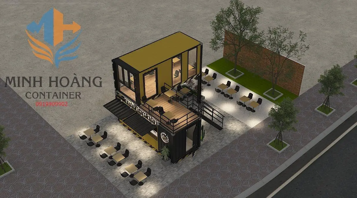 Mẫu Thiết Kế Container Cafe 20 Feet Có Sân Thượng Và Mái Che