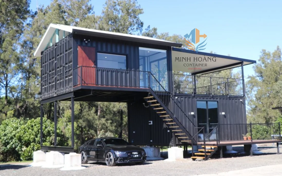 Nhà Container Lắp Ghép 2 Tầng (4x20ft) Có Toilet Đen Sang Trọng
