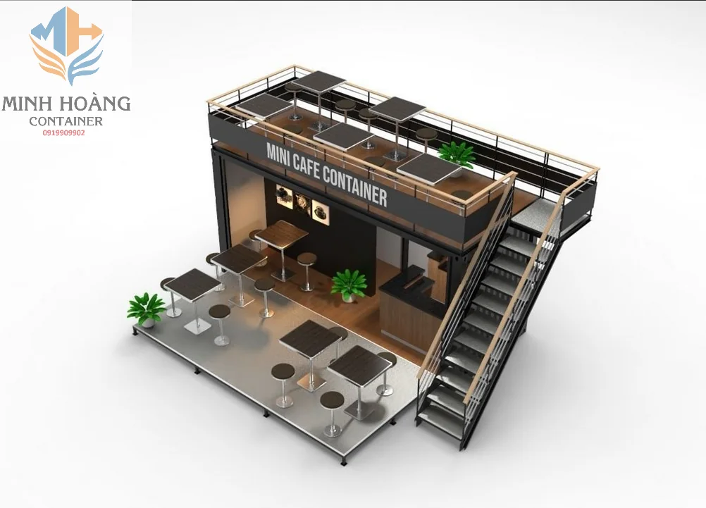 Container Cafe Mini 20 Feet Có Sân Thượng Đen