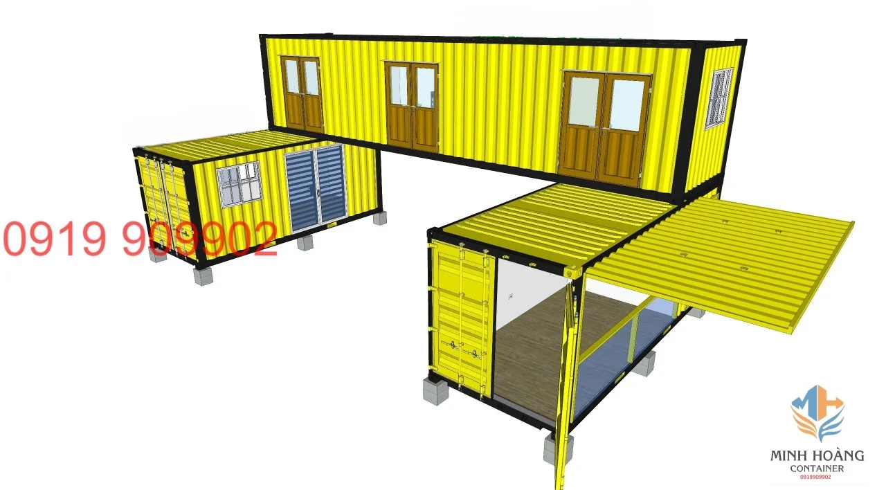 Mẫu nhà container ghép 2 tầng (1x40ft + 2x20ft) vàng viền đen hiện đại